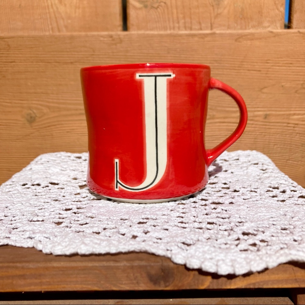 ANTHROPOLOGIE Monogram Initial "J" Red Ceramic Hand Painted Mug
